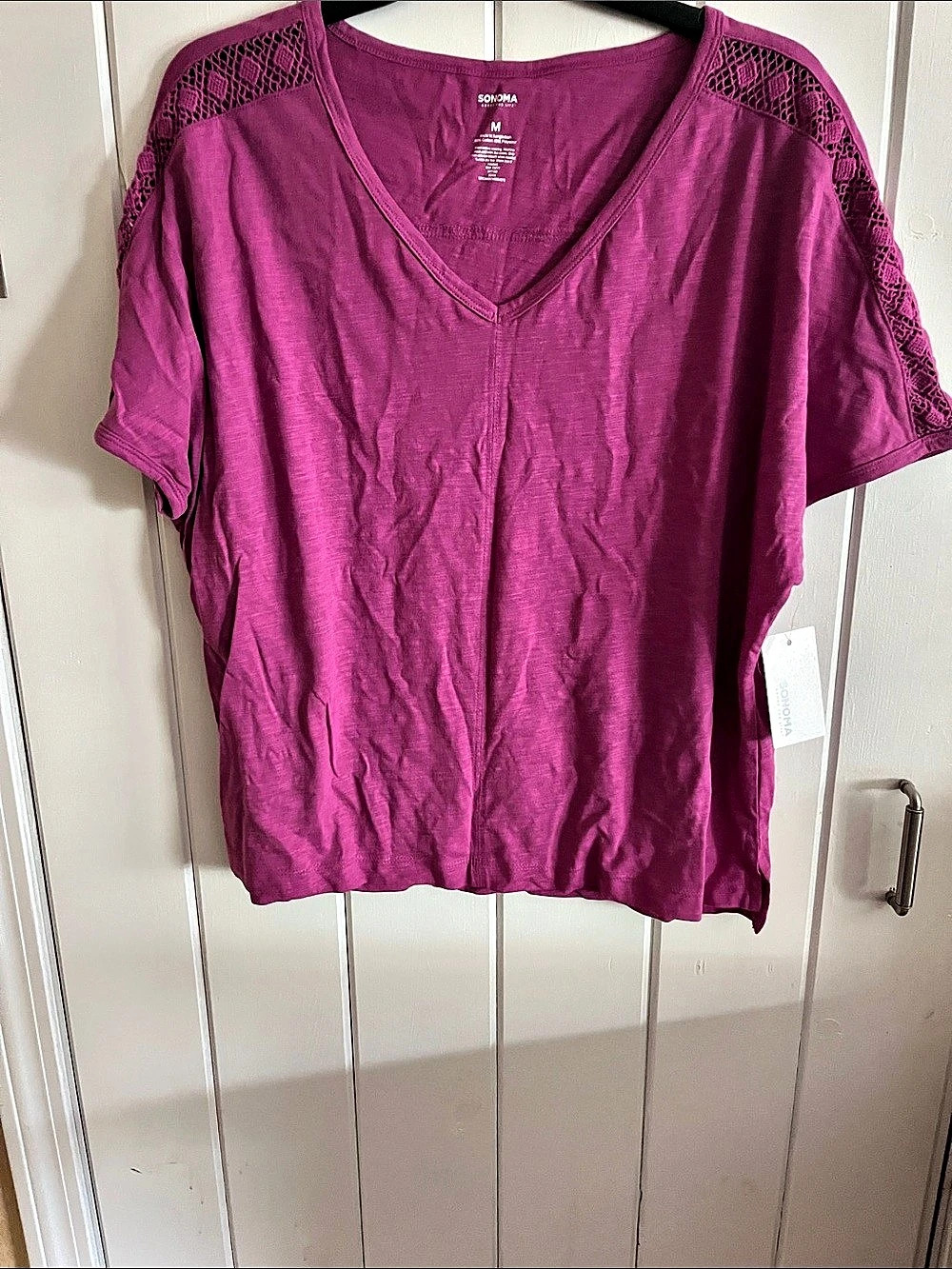 Sonoma Goods For Life Misses Sonoma Tops Lace Shoulder V-Neck Top in Pink Size
